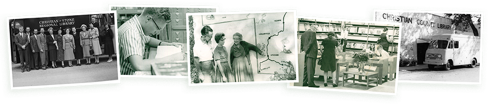 Decorative banner of historical photos from Christian County Library's past, including photos of founding staff members, library patrons, and the original library bookmobile.